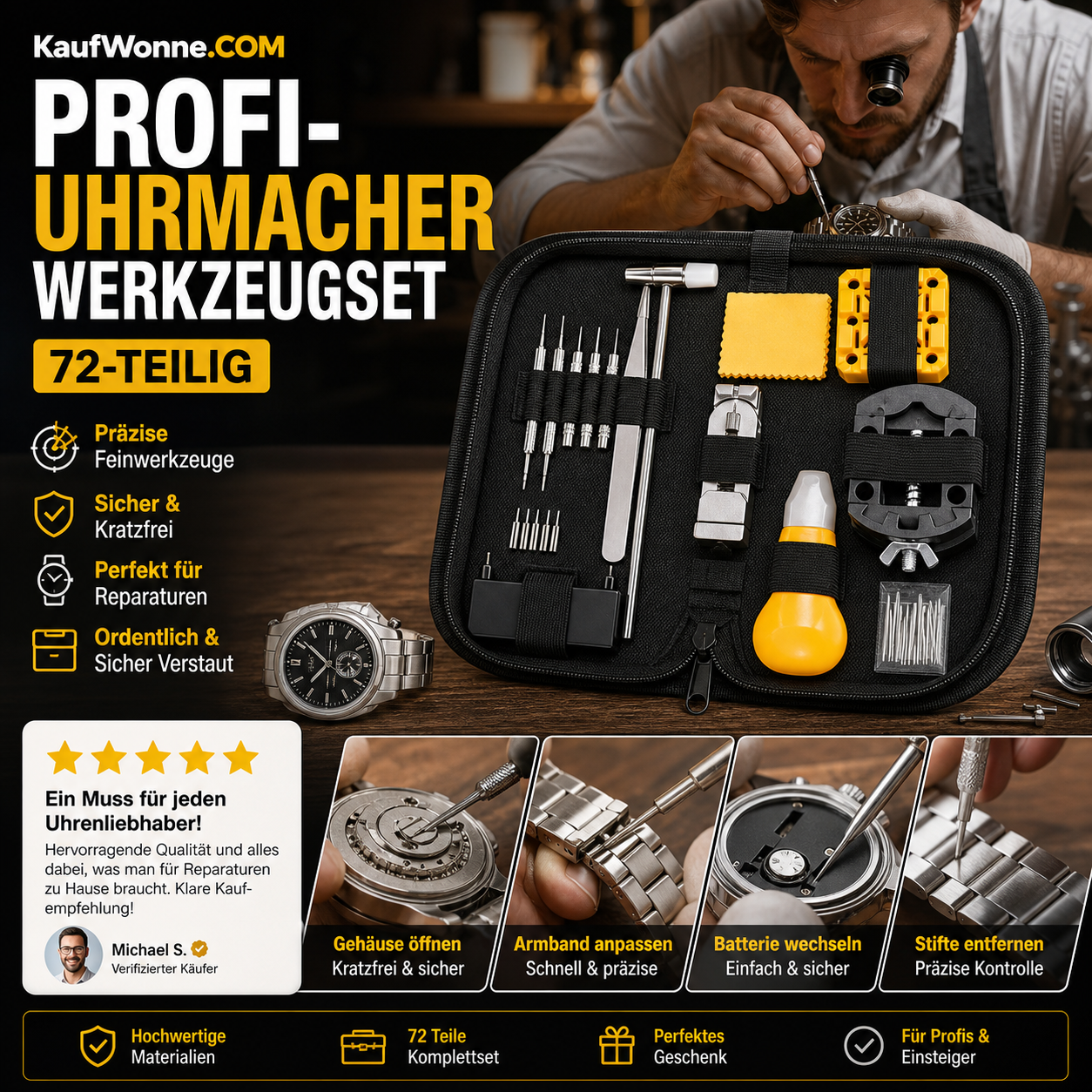 ⌚ 72‑/147‑teiliges Uhren‑Reparaturwerkzeug‑Set, Komplettset für Bandwechsel, Armband‑Größenanpassung und tägliche Uhrenwartung