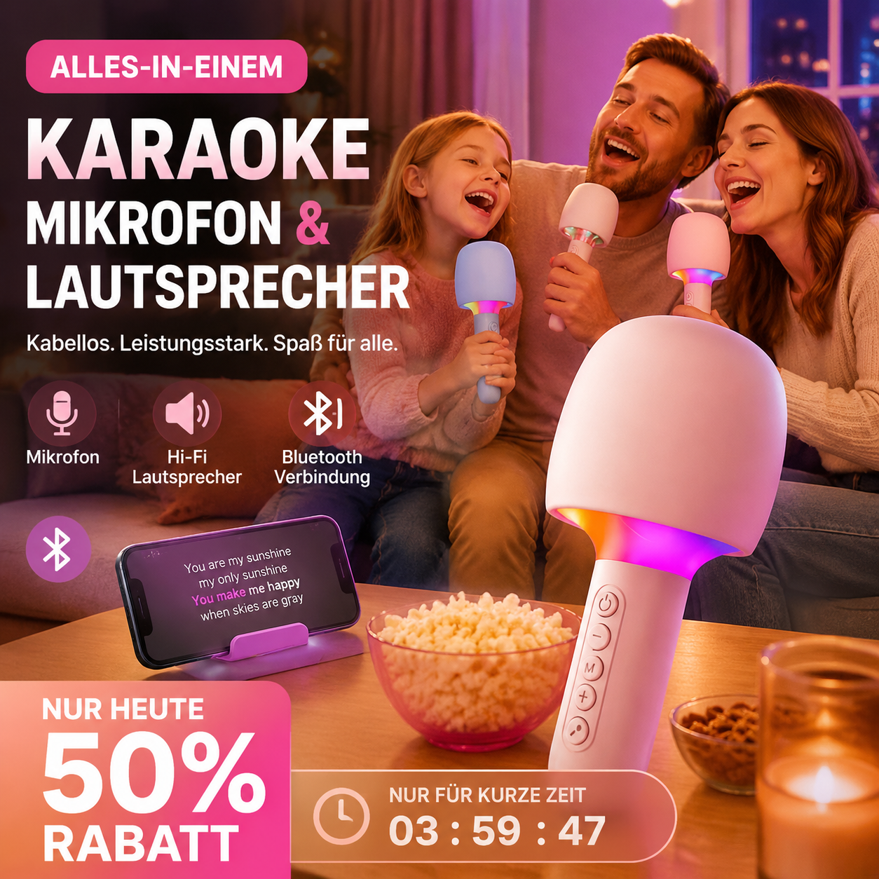 🎉🎶【50 % Rabatt!!】🎤✨ Kabelloses Karaoke-Mikrofon mit Lautsprecher | 3D-Sound & RGB-Beleuchtung 🥳