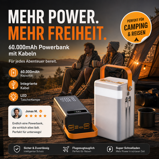 📢📢 50 % RABATT !! ⏰🔋 Hochkapazitäts-Powerbank mit 60.000 mAh und LED-Licht