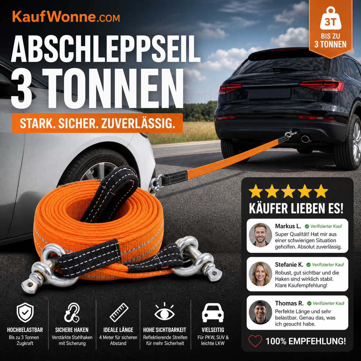 📢📢50 % Rabatt!! ⏰ 4 m langes Abschleppseil mit Haken und 3 Tonnen Tragkraft