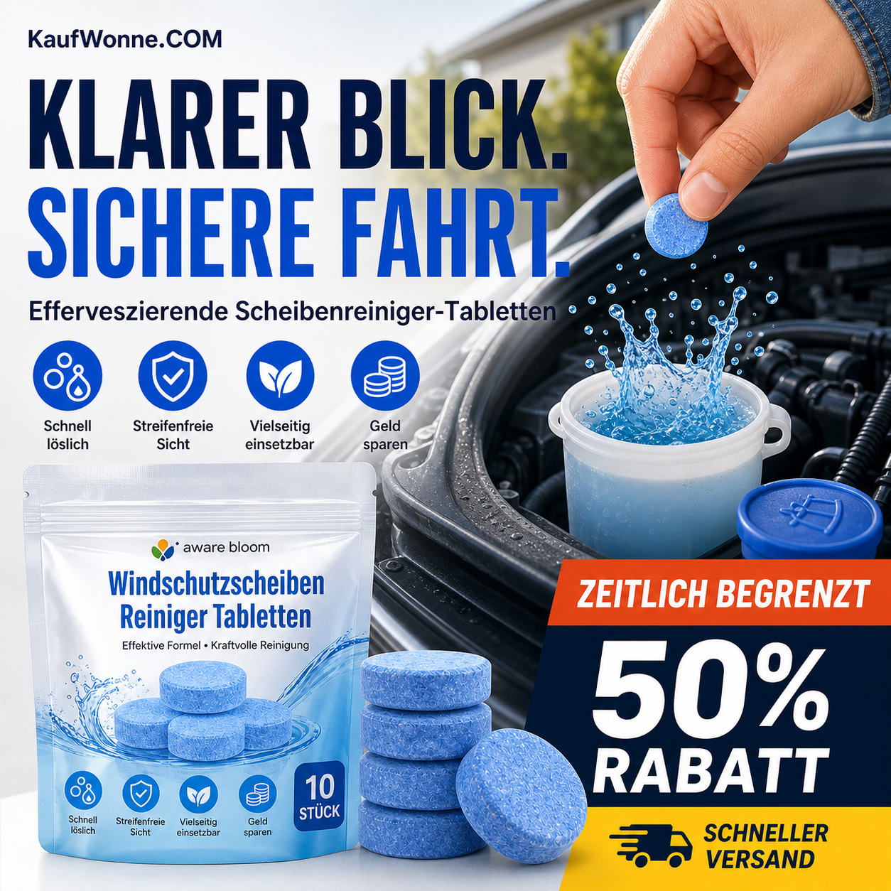📢📢50 % Rabatt!! 🚗💧 Scheibenwaschtabletten – Konzentrierter Autoglasreiniger, 1 Tablette ergibt 1 Gallone