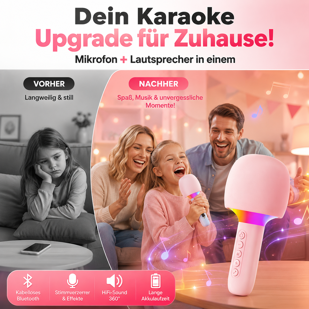 🎉🎶【50 % Rabatt!!】🎤✨ Kabelloses Karaoke-Mikrofon mit Lautsprecher | 3D-Sound & RGB-Beleuchtung 🥳