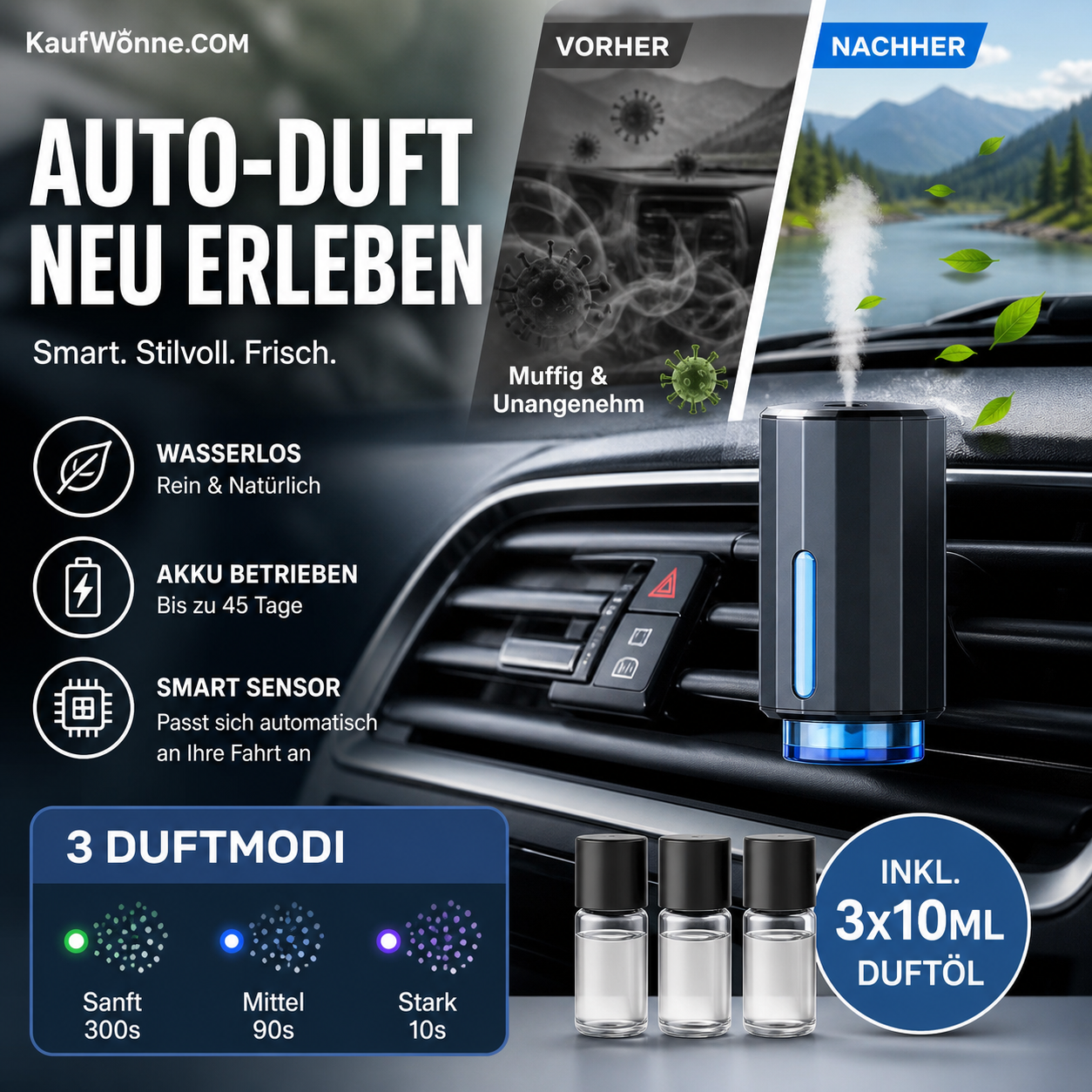 🚗 Tragbarer wasserloser Auto‑Aromadiffusor, akkubetrieben für ätherische Öle im Fahrzeug