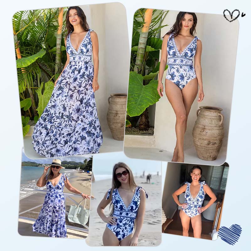 💥 Sonderangebot: 50 % Rabatt 💥 V Neck Lace Up Printed One Piece Swimsuit And Skirt