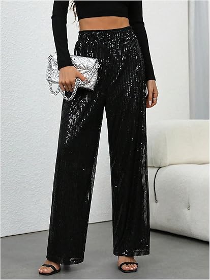 💖 50% VERSCHENKT💃Damen Paillette Sparkle Breite Bein Hose mit elastischem Bund✨