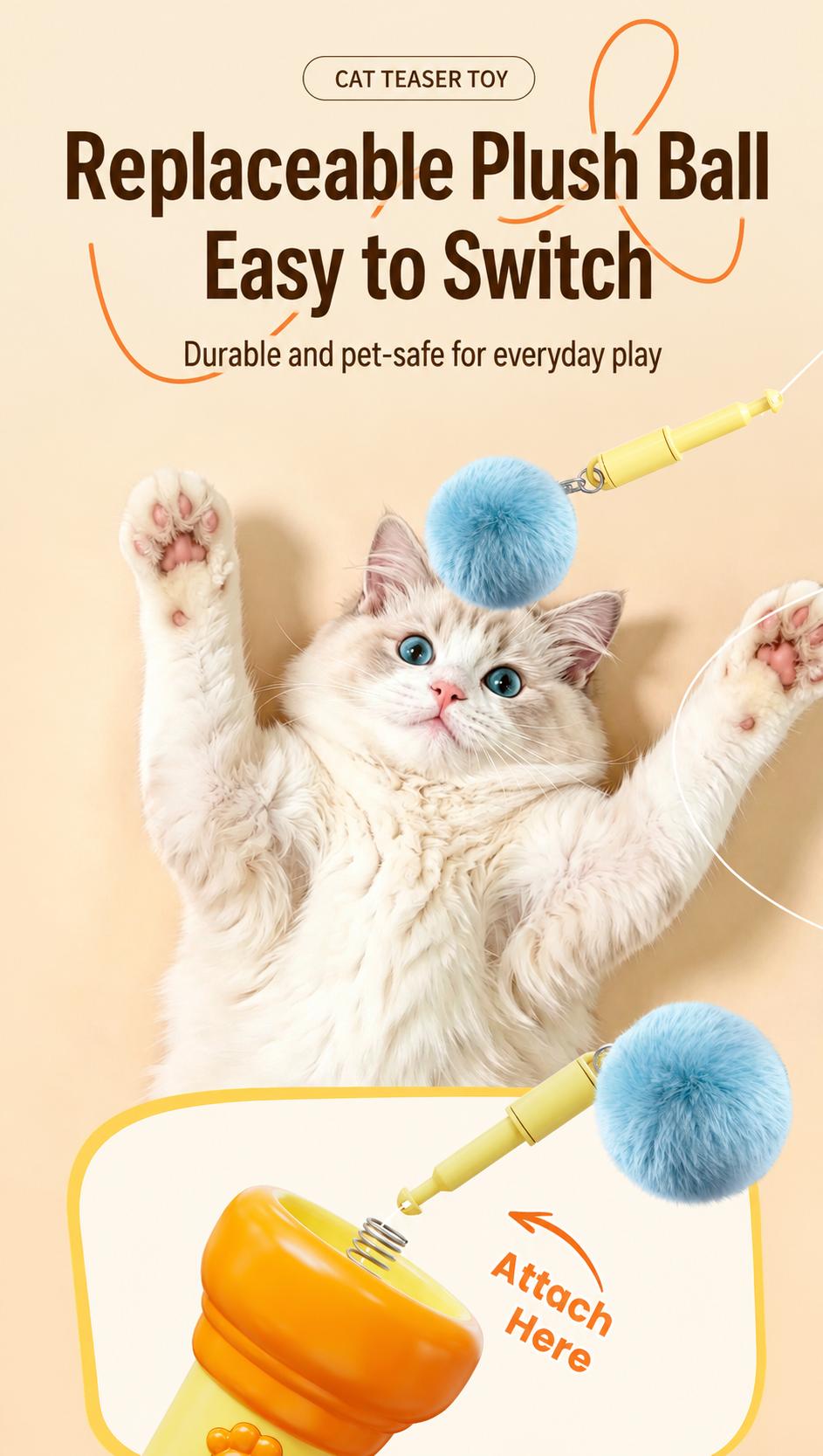 💥 50% Rabatt! 🐱 Elektrisches Katzenspielzeug – Ein-Knopf-Auslösefunktion, einziehbare Schnur, weicher Plüschball. Kompakter Griff, austauschbare Bälle. Für Wohnungskatzen & Kätzchen.🛡️