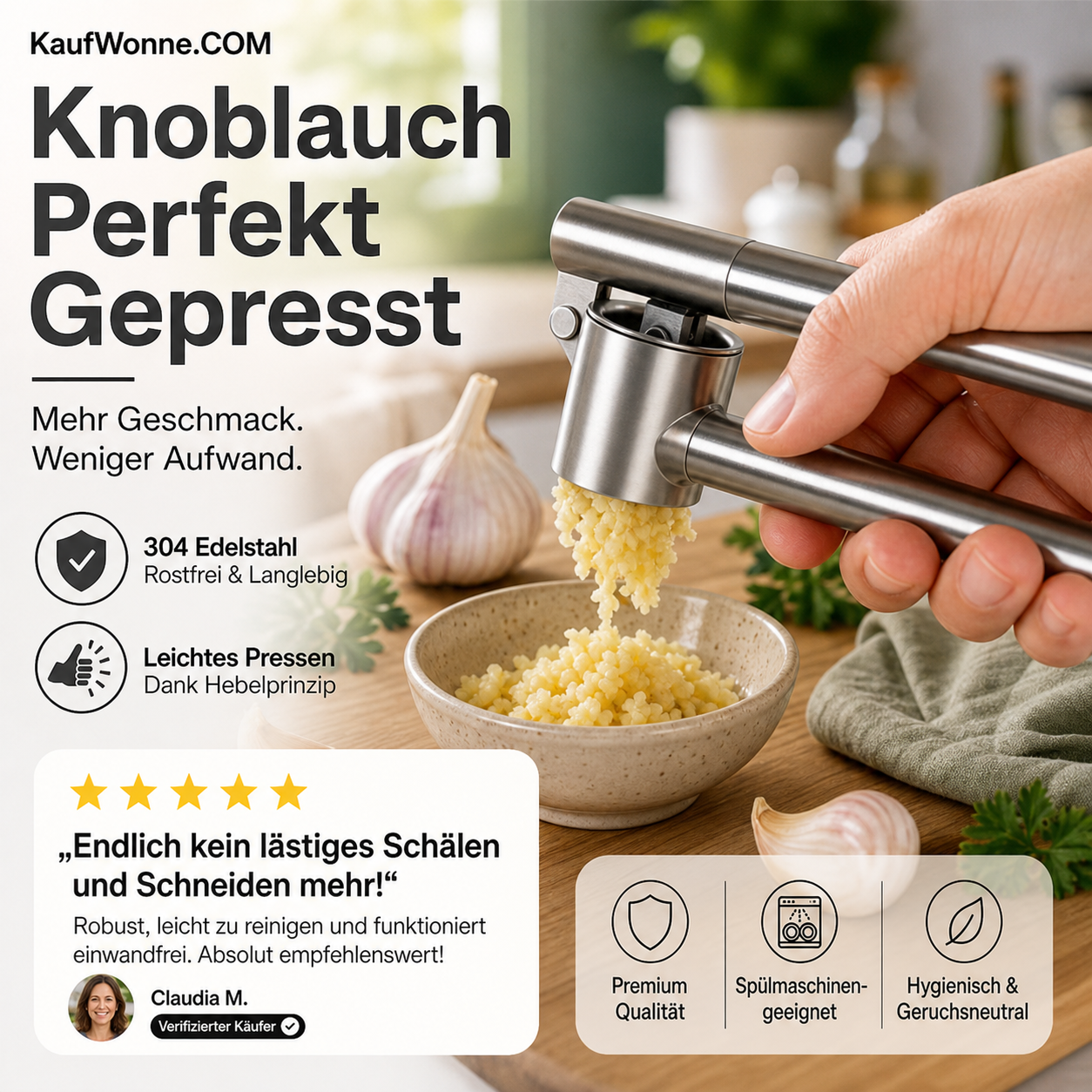 🧄 Schluss mit mühsamem Knoblauchhacken! Hochwertige Edelstahl-Knoblauchpresse – ein Druck, feines Knoblauchmus fertig.
