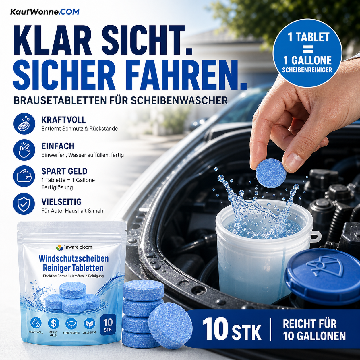 📢📢50 % Rabatt!! 🚗💧 Scheibenwaschtabletten – Konzentrierter Autoglasreiniger, 1 Tablette ergibt 1 Gallone
