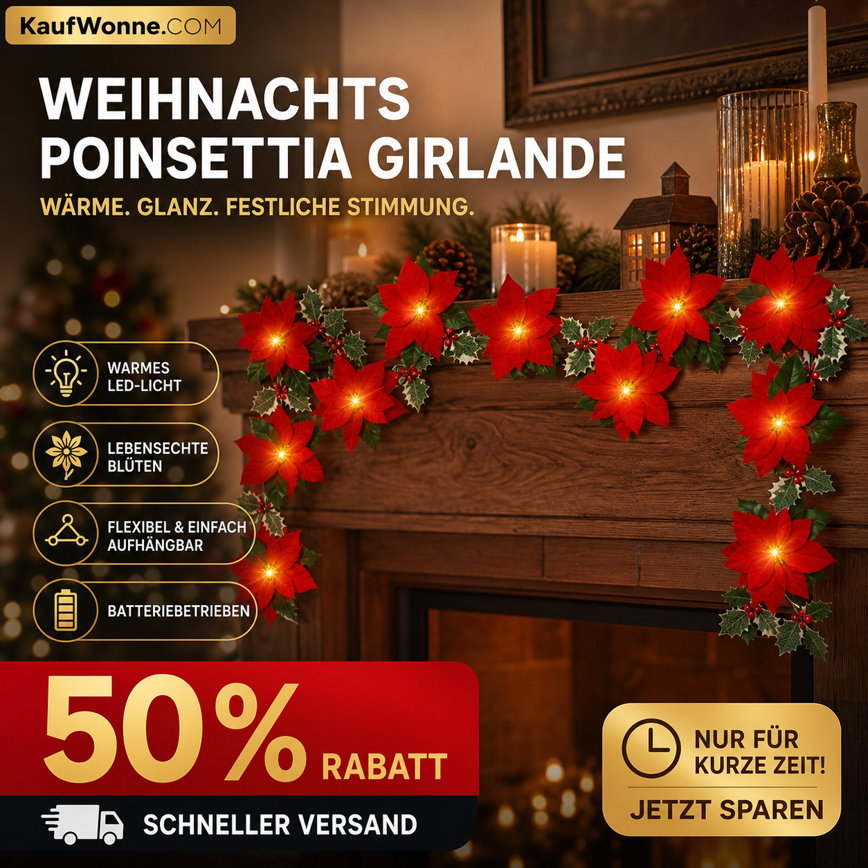 🎄 Weihnachts‑Poinsettia‑Lichterkette, bunte Weihnachtsstern‑Blumen‑LED‑Lichterkette für Dekoration, Innen‑ und Außeneinsatz
