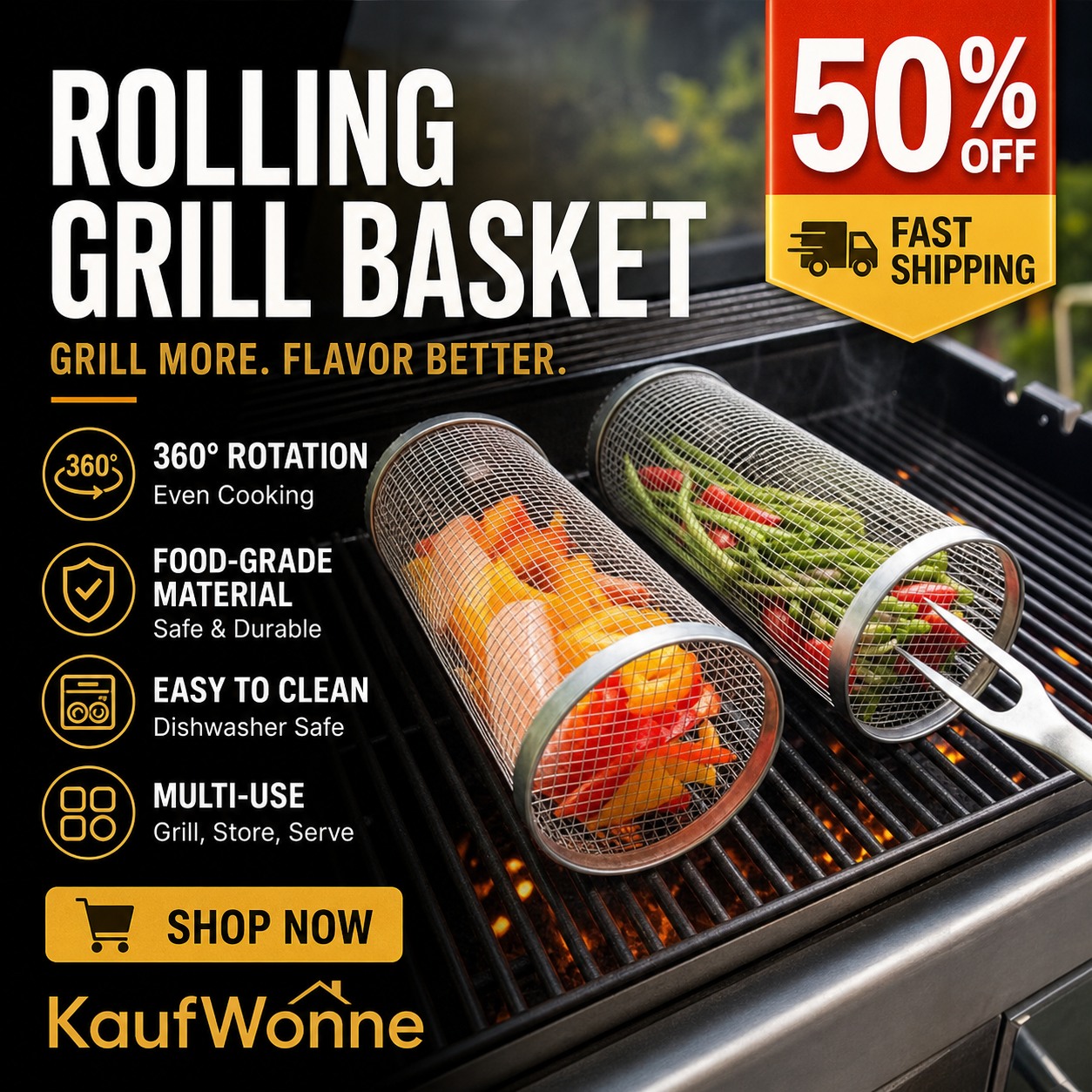 🔥360° rollbarer zylindrischer Grillkorb aus Edelstahl | praktisches BBQ‑Zubehör