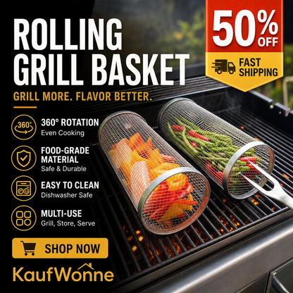 🔥360° rollbarer zylindrischer Grillkorb aus Edelstahl | praktisches BBQ‑Zubehör