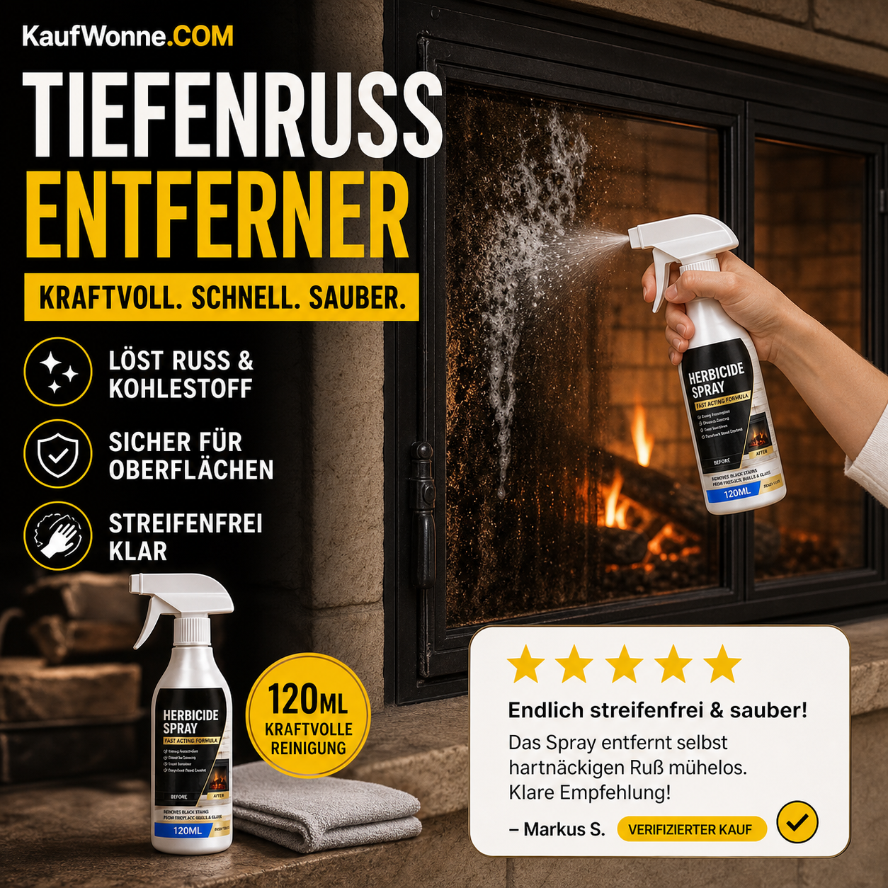 🧹🔥 Kaminreiniger Spray 120ml – Schnell wirkender Tiefenrußentferner für Glas & Gusseisen | Streifenfreie Sicht