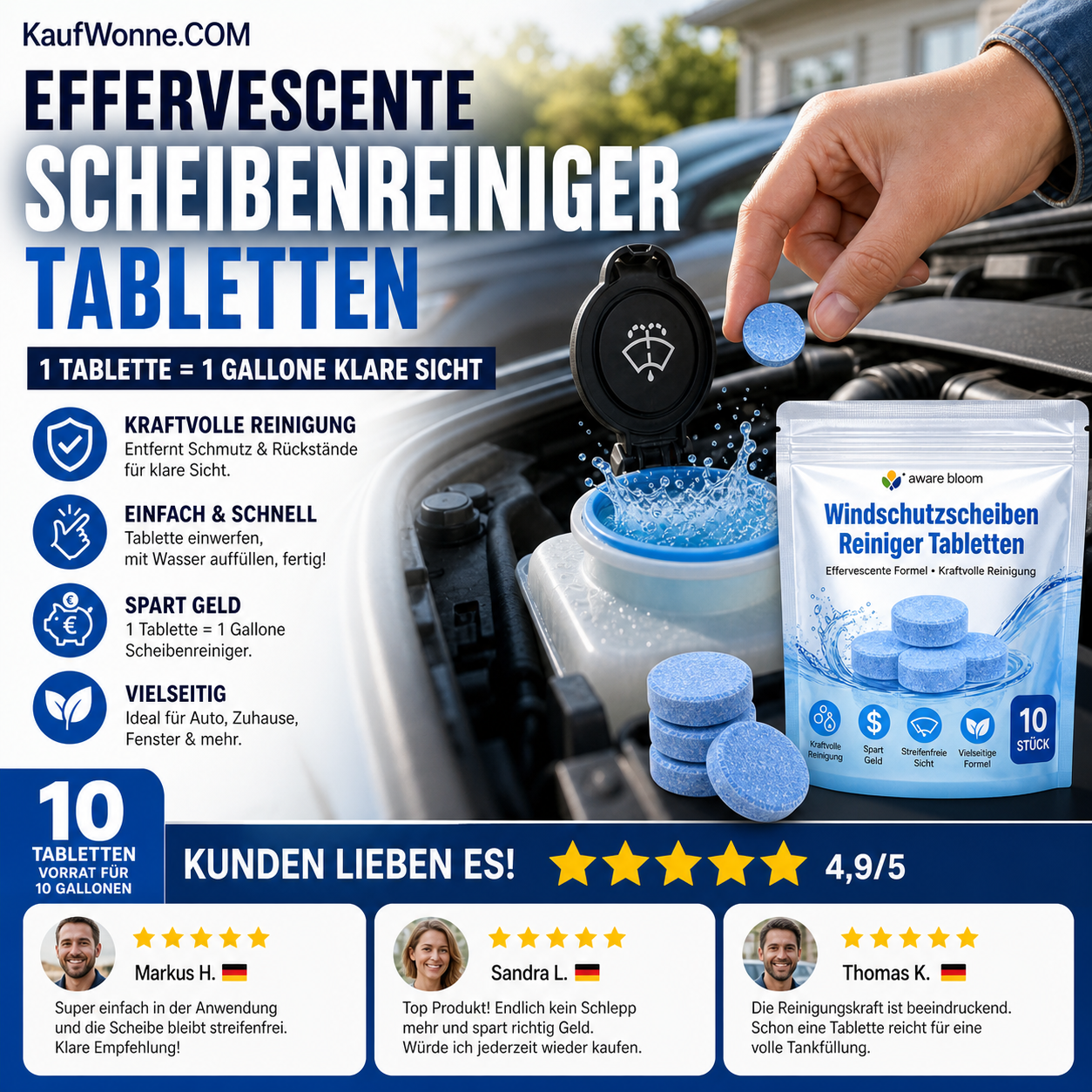 📢📢50 % Rabatt!! 🚗💧 Scheibenwaschtabletten – Konzentrierter Autoglasreiniger, 1 Tablette ergibt 1 Gallone