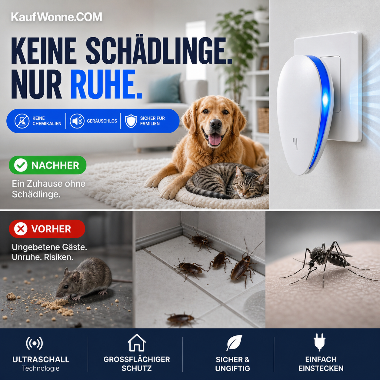 🔥🎁 2+1 GRATIS!!🥳🏠 Verbesserter Ultraschall‑Schädlingsabwehrer, vertreibt Flöhe, Insekten und Nagetiere, steckdosenbetrieben