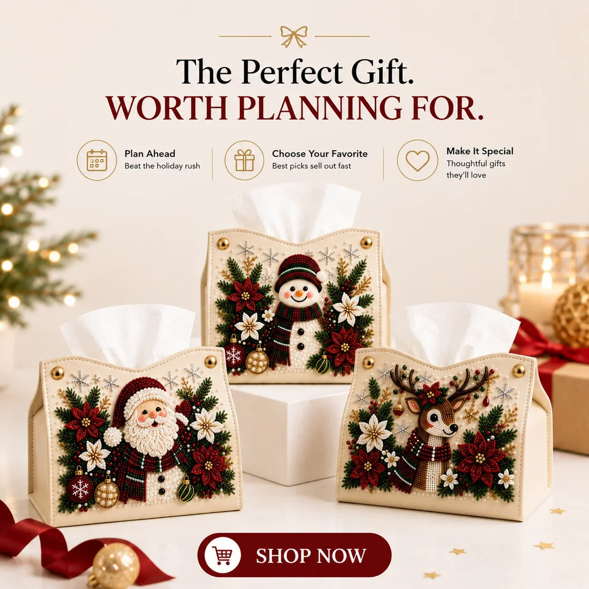 🔥🎁 2+1 GRATIS!!🎄✨ Decorative Beaded Christmas Tissue Box Cover – Elegant Santa, Snowman & Reindeer Holiday Decor
