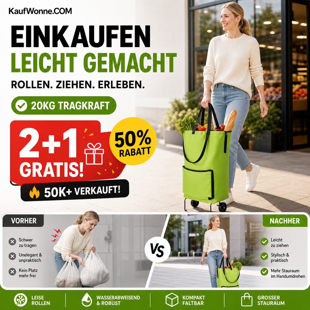 🔥🎁 2+1 GRATIS!! 🥳💞 Über 50.000 verkaufte Artikel! ⚡🛒 Faltbare Einkaufstasche, grün