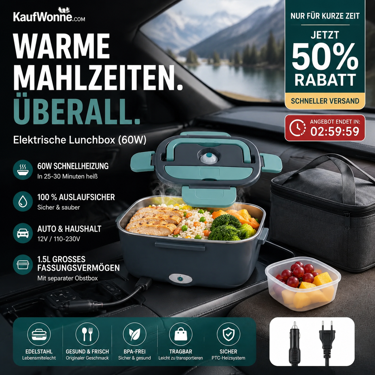 🍱 50% RABATT! 🔥 Tragbare Heiz-Lunchbox mit Edelstahl-Einsatz – Trockene Erwärmung, 12V/220V & doppelte Spannung – Ideal für Auto, Büro & Reisen ⚡
