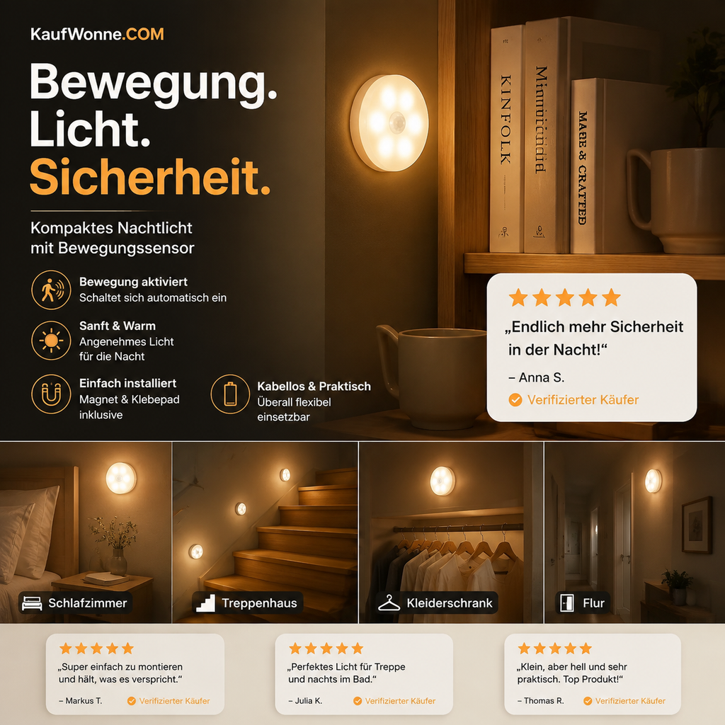 🔥🎁 1+1 GRATIS!!🥳💡Kompaktes Nachtlicht für den Haushalt mit Bewegungssensor
