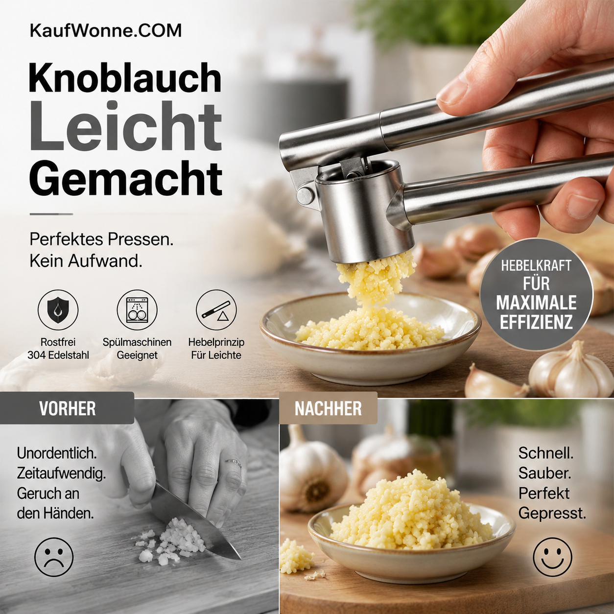 🧄 Schluss mit mühsamem Knoblauchhacken! Hochwertige Edelstahl-Knoblauchpresse – ein Druck, feines Knoblauchmus fertig.