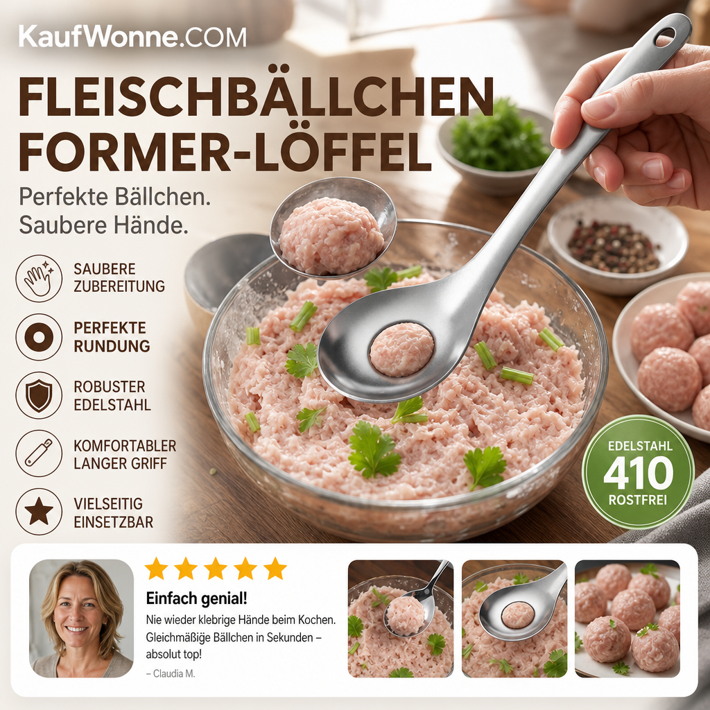 🍢 Fleischbällchen-Löffel aus Edelstahl – Kleckerfrei & einfach in der Handhabung