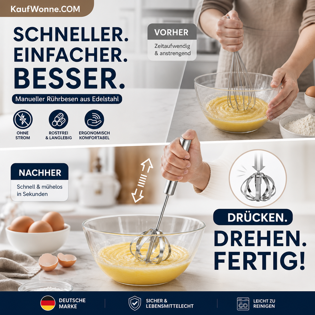 🥚 Einfacher Druck-Handrührer – Handbesen aus Edelstahl für Eier, Sahne & Backen