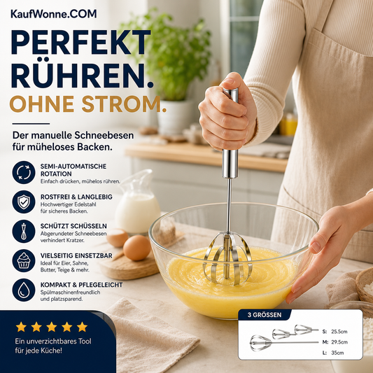🥚 Einfacher Druck-Handrührer – Handbesen aus Edelstahl für Eier, Sahne & Backen