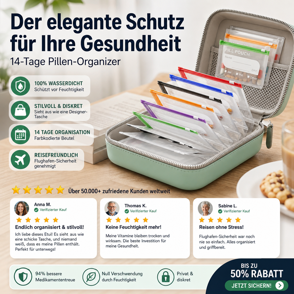 💊A8 Wasserdichter Wochen‑Tablettenorganizer mit 14 farbcodierten Beuteln | Reise‑Aufbewahrung für Vitamine und Nahrungsergänzungsmittel