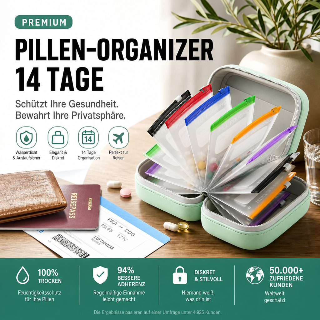 💊A8 Wasserdichter Wochen‑Tablettenorganizer mit 14 farbcodierten Beuteln | Reise‑Aufbewahrung für Vitamine und Nahrungsergänzungsmittel