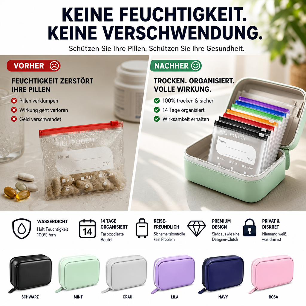 💊A8 Wasserdichter Wochen‑Tablettenorganizer mit 14 farbcodierten Beuteln | Reise‑Aufbewahrung für Vitamine und Nahrungsergänzungsmittel
