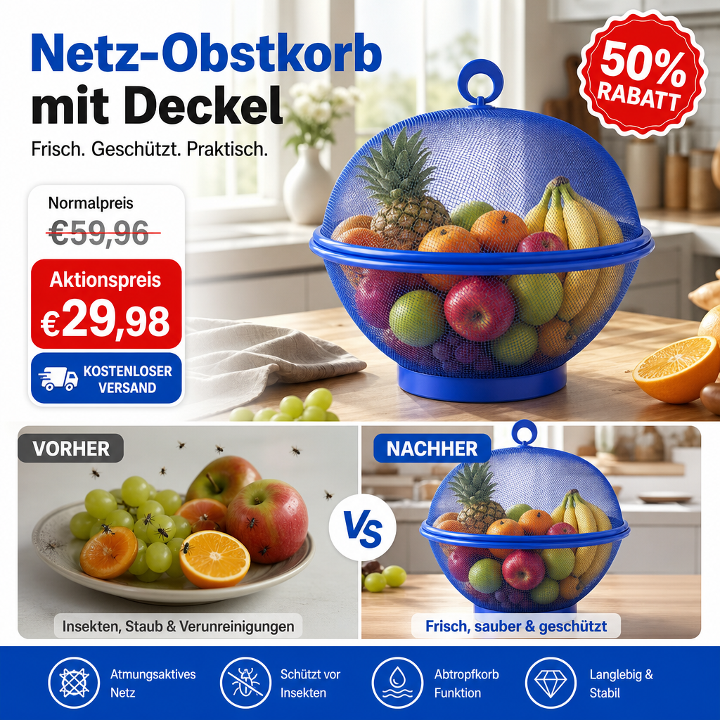 🧺LIMITIERTE AKTION: 50 % RABATT! 🍇Netz‑Obstkorb mit Deckel, Tisch‑Gemüsehalter, schützt vor Insekten und Ungeziefer, Abtropfkorb für die Küche✨
