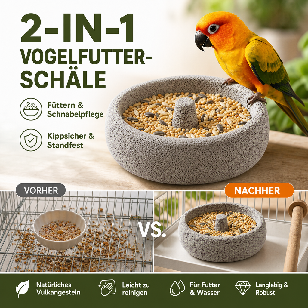 🐦2‑in‑1 Vogelfutterschale aus Vulkanstein | Futterschale mit Schnabel‑Schleiffunktion