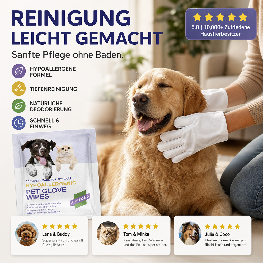 🔥🎁 1+1 GRATIS!!🐾✨ Hypoallergene Pflegehandschuh‑Tücher für Hunde und Katzen, badfrei, geruchentfernend, tägliche Haustierreinigung