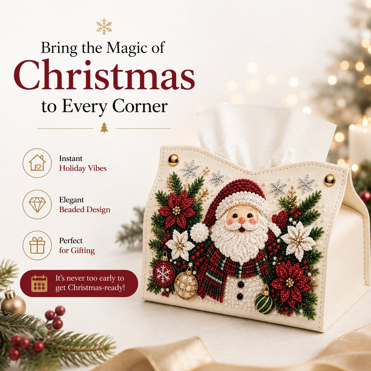 🔥🎁 2+1 GRATIS!!🎄✨ Decorative Beaded Christmas Tissue Box Cover – Elegant Santa, Snowman & Reindeer Holiday Decor