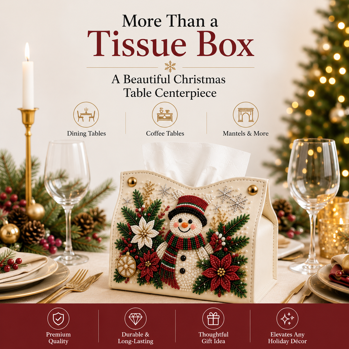 🔥🎁 2+1 GRATIS!!🎄✨ Decorative Beaded Christmas Tissue Box Cover – Elegant Santa, Snowman & Reindeer Holiday Decor