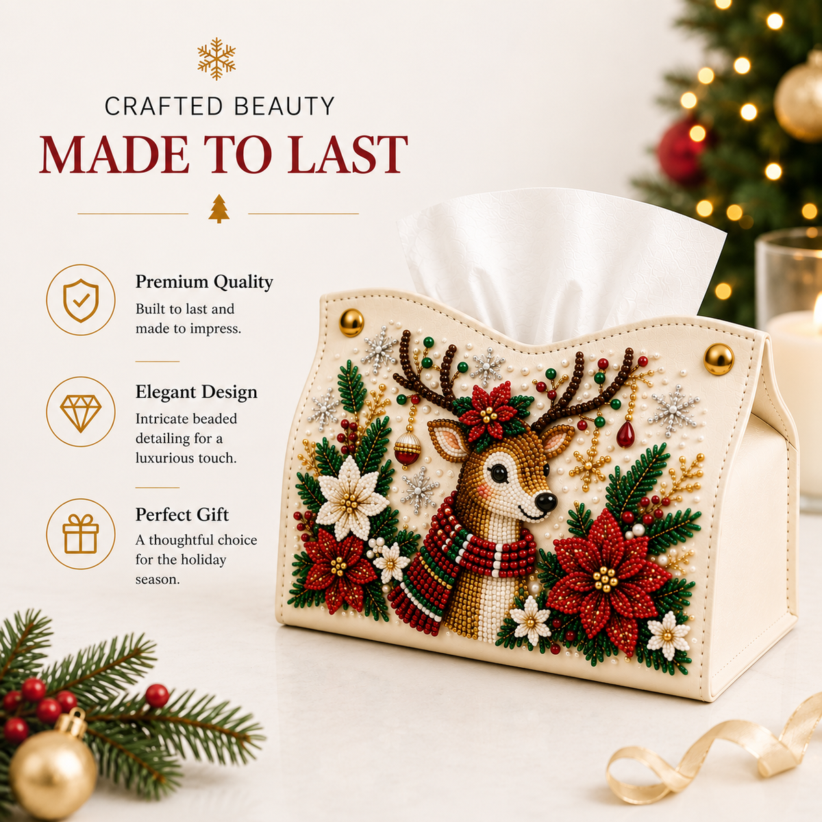 🔥🎁 2+1 GRATIS!!🎄✨ Decorative Beaded Christmas Tissue Box Cover – Elegant Santa, Snowman & Reindeer Holiday Decor