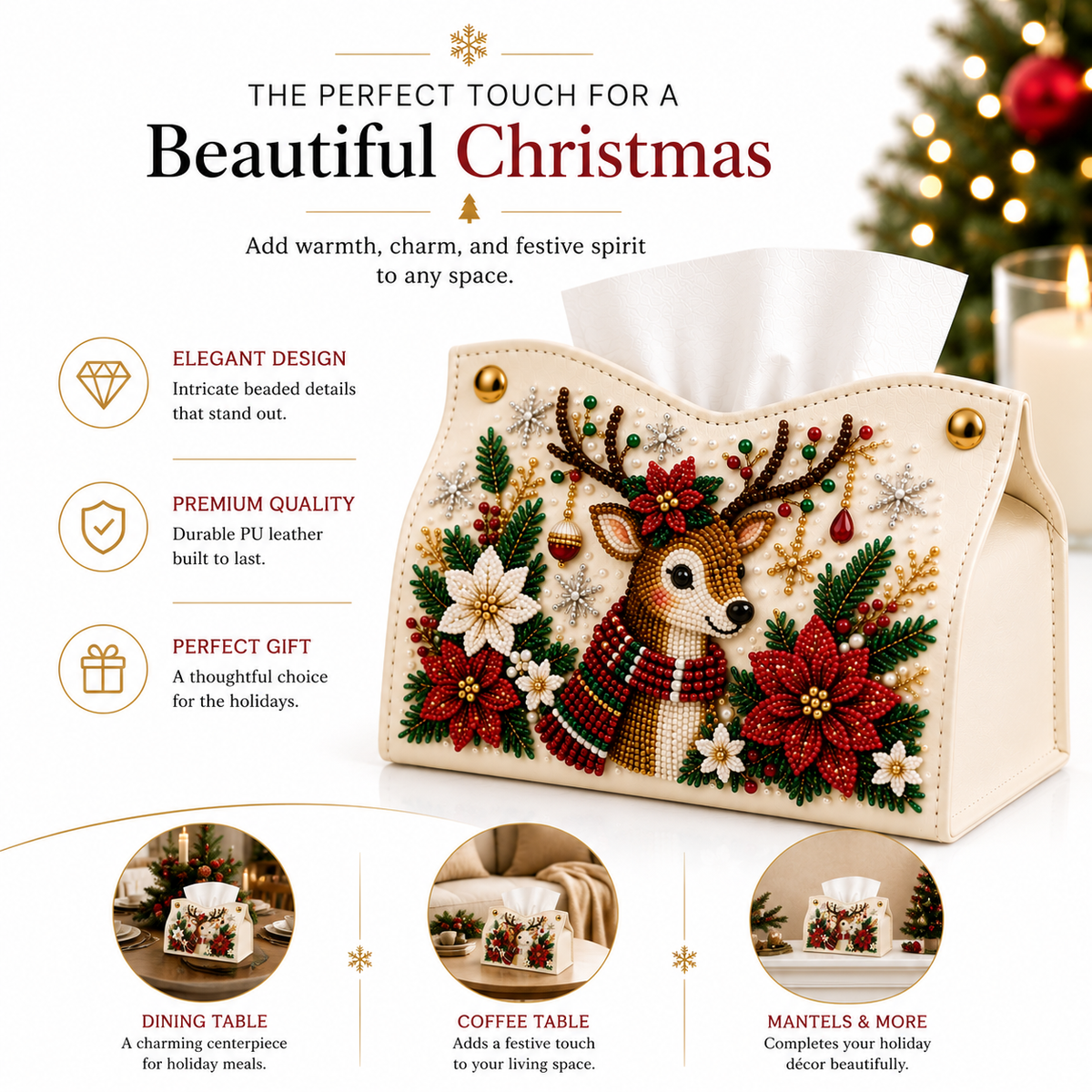 🔥🎁 2+1 GRATIS!!🎄✨ Decorative Beaded Christmas Tissue Box Cover – Elegant Santa, Snowman & Reindeer Holiday Decor