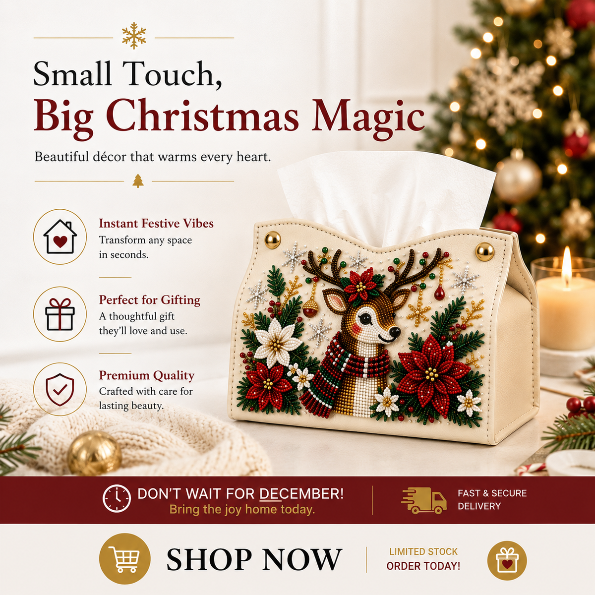 🔥🎁 2+1 GRATIS!!🎄✨ Decorative Beaded Christmas Tissue Box Cover – Elegant Santa, Snowman & Reindeer Holiday Decor
