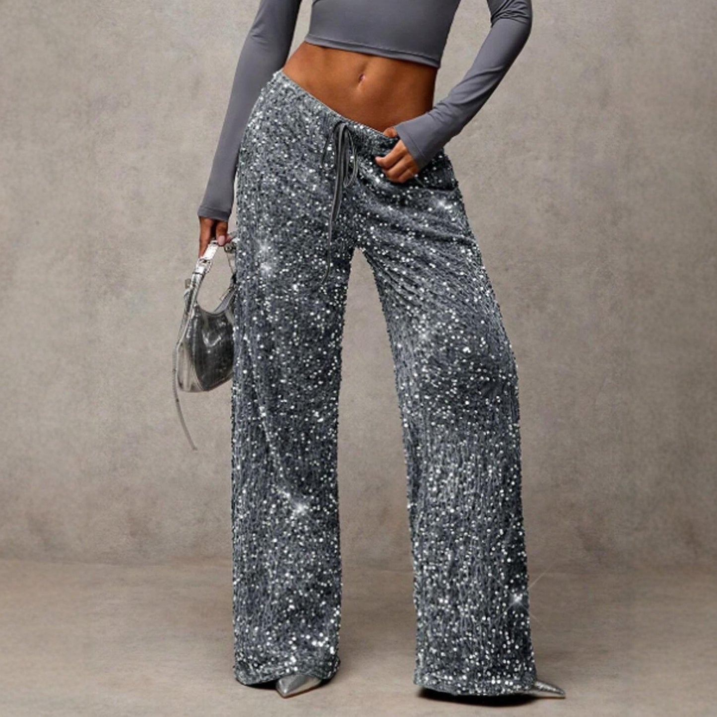 💖 50% VERSCHENKT💃Damen Paillette Sparkle Breite Bein Hose mit elastischem Bund✨