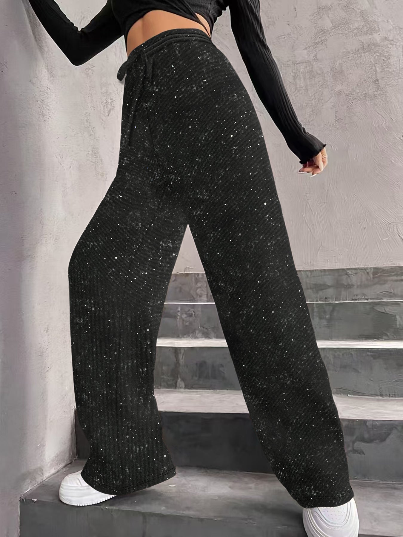 💖 50% VERSCHENKT💃Damen Paillette Sparkle Breite Bein Hose mit elastischem Bund✨