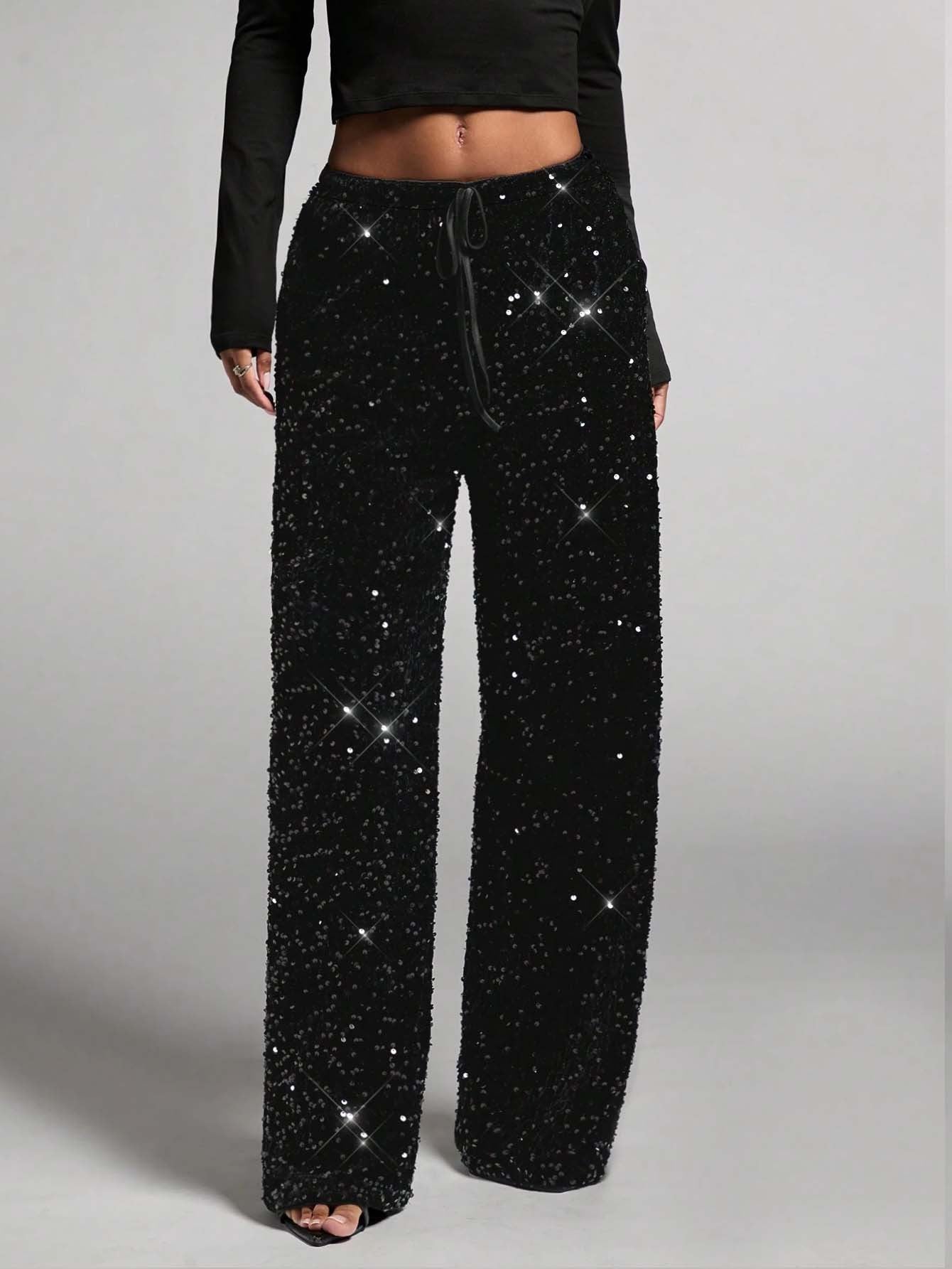 💖 50% VERSCHENKT💃Damen Paillette Sparkle Breite Bein Hose mit elastischem Bund✨