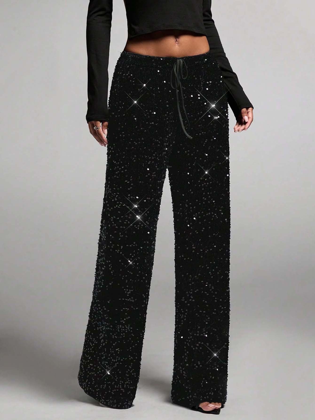 💖 50% VERSCHENKT💃Damen Paillette Sparkle Breite Bein Hose mit elastischem Bund✨