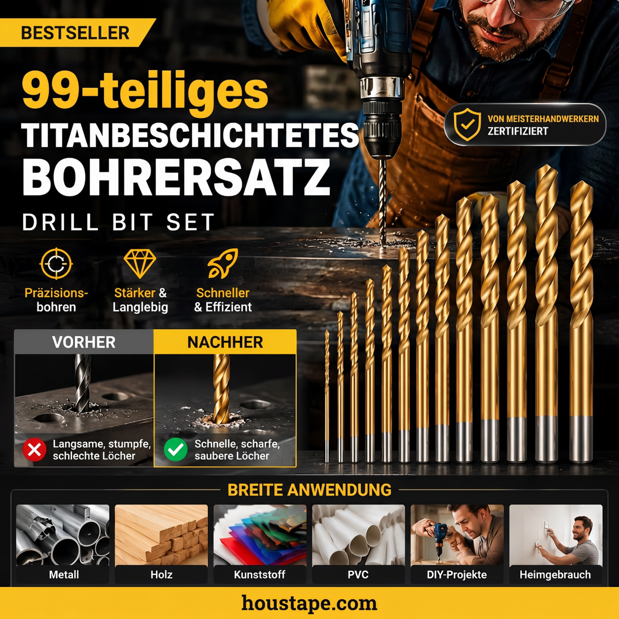 🔥Nur für kurze Zeit: 50 % Rabatt!🔧 Hocheffizientes Werkzeug, das von erfahrenen Handwerkern geschätzt wird! Direkt vom Hersteller: 99-teiliges Set titanbeschichteter Bohrer.
