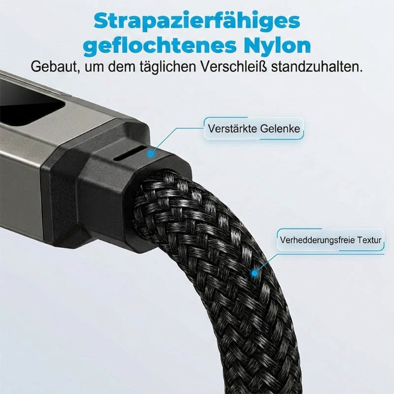 🔌 4-in-1-Ladekabel mit Digitalanzeige und Schlüsselanhänger – Schnellladefunktion, knickfest und kompakt