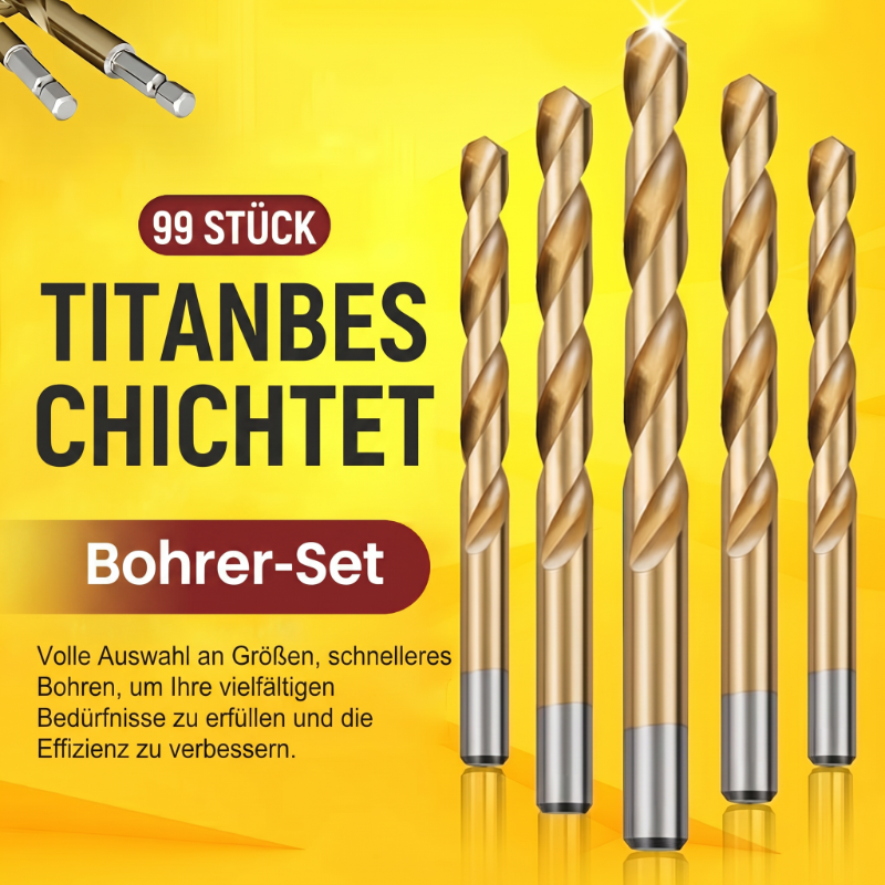🔥Nur für kurze Zeit: 50 % Rabatt!🔧 Hocheffizientes Werkzeug, das von erfahrenen Handwerkern geschätzt wird! Direkt vom Hersteller: 99-teiliges Set titanbeschichteter Bohrer.