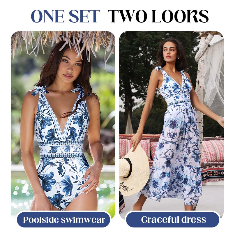 💥 Sonderangebot: 50 % Rabatt 💥 V Neck Lace Up Printed One Piece Swimsuit And Skirt