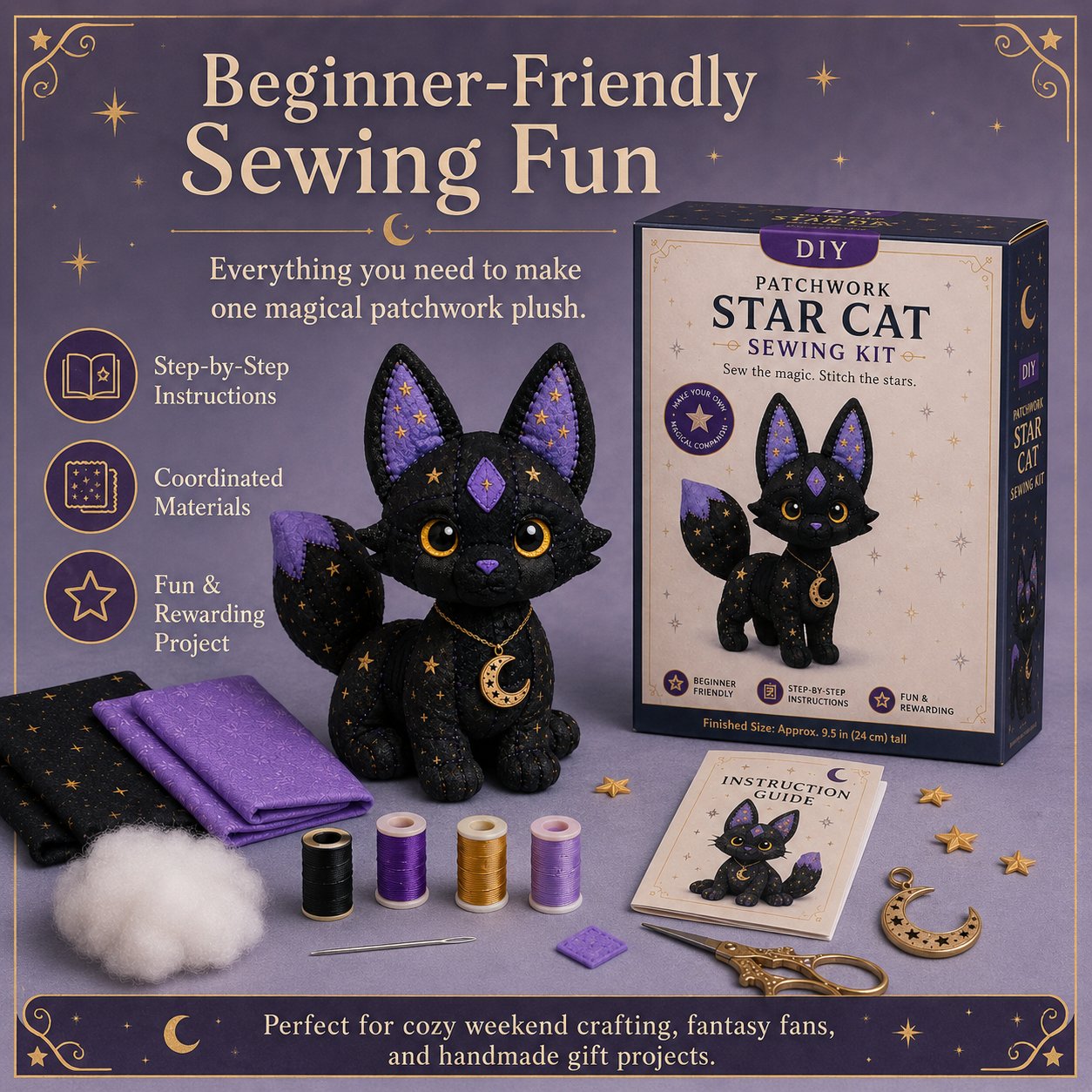🤩2026 NEU EINGETROFFEN🔥Nähset für Anfänger: Mystische Patchwork-Tiere 🌙 – DIY-Plüsch-Bastelset mit Sternenstoff & Mondanhänger 🧵✨