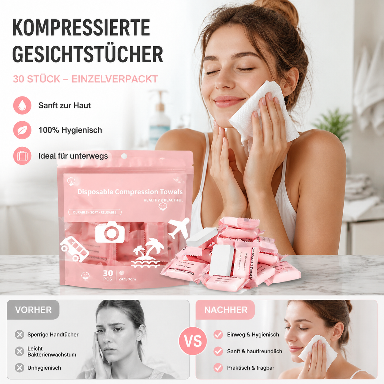 📢📢50 % Rabatt!!🧖‍♀️💧Tragbare, komprimierte Einweg-Handtücher  -  – ideal für unterwegs, im Auto und zu Hause | Saugstark & reißfest, auch im nassen Zustand 🏠🛡️