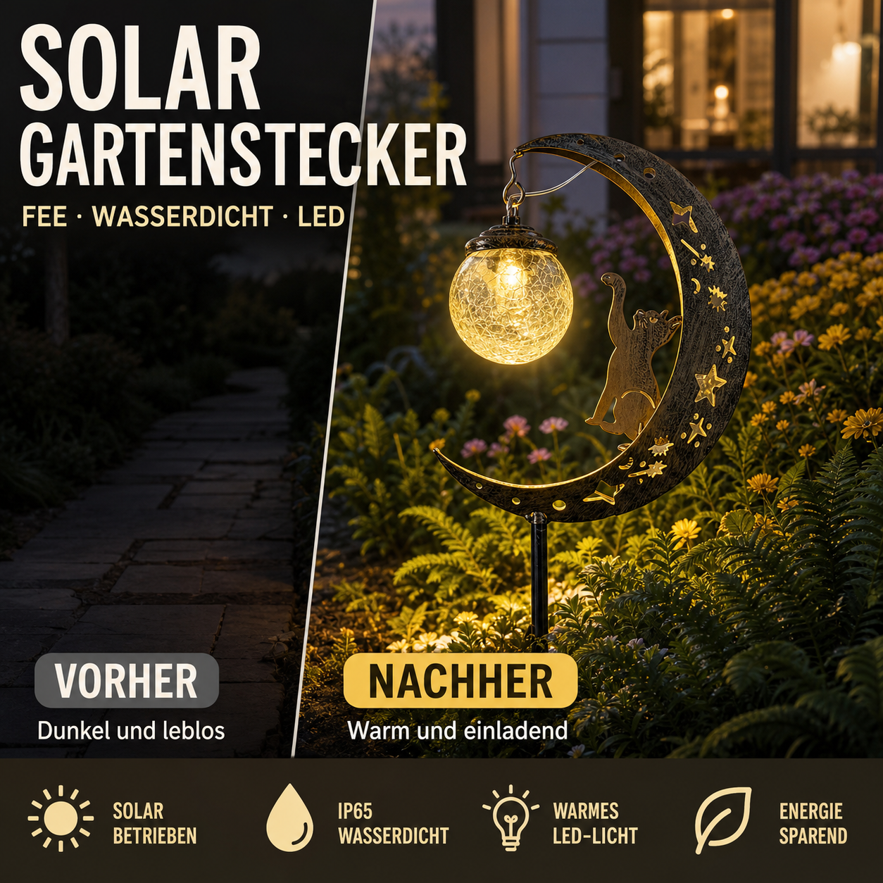 🥳50 % Rabatt!!🌙✨ Solar-Gartenstecklampe mit Kolibri- und Mondmotiv