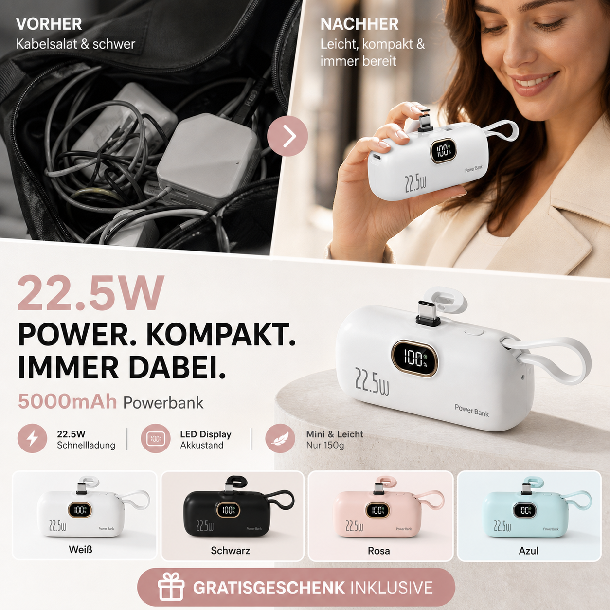 🔋 50% RABATT! 📱 Mini-Powerbank 5000mAh – Tragbar, Schnellladung & Perfekt für Unterwegs ✨