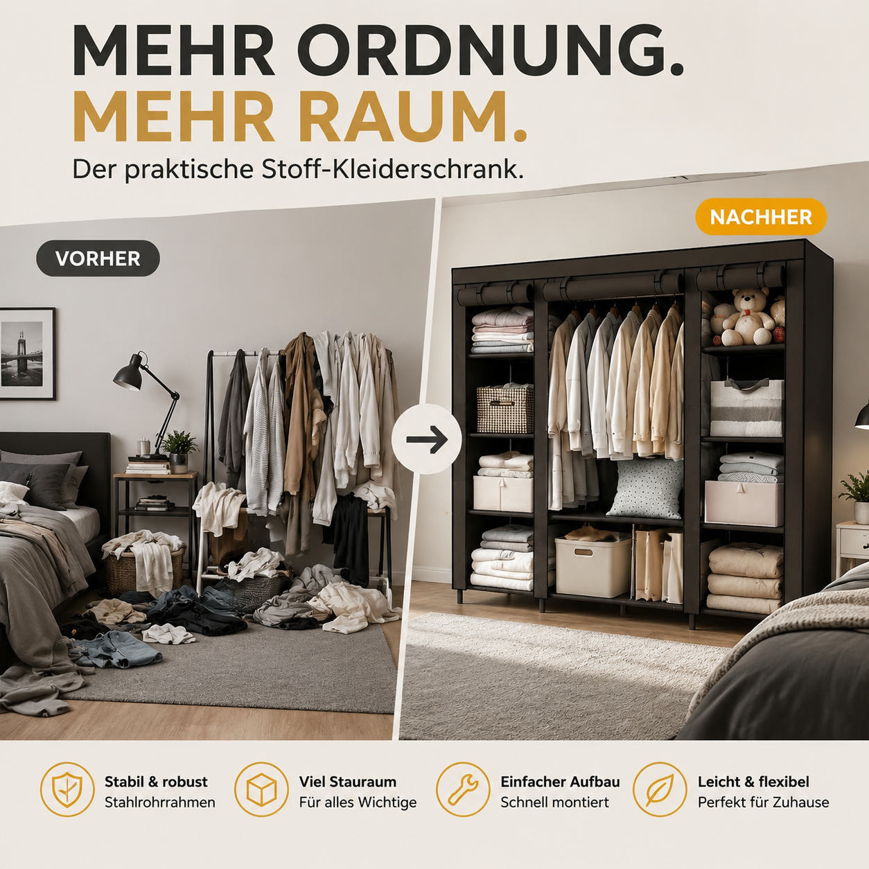 📢📢50 % Rabatt!!⏰💎Einfach zu montierender Kleiderschrank aus Vliesstoff 🧥🪑